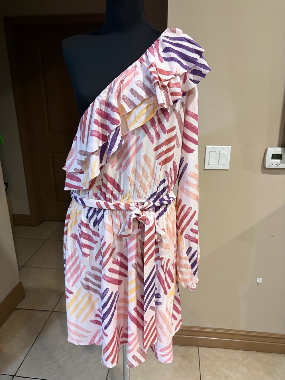 One-Shoulder Multicolor Ruffle Dress with Belt